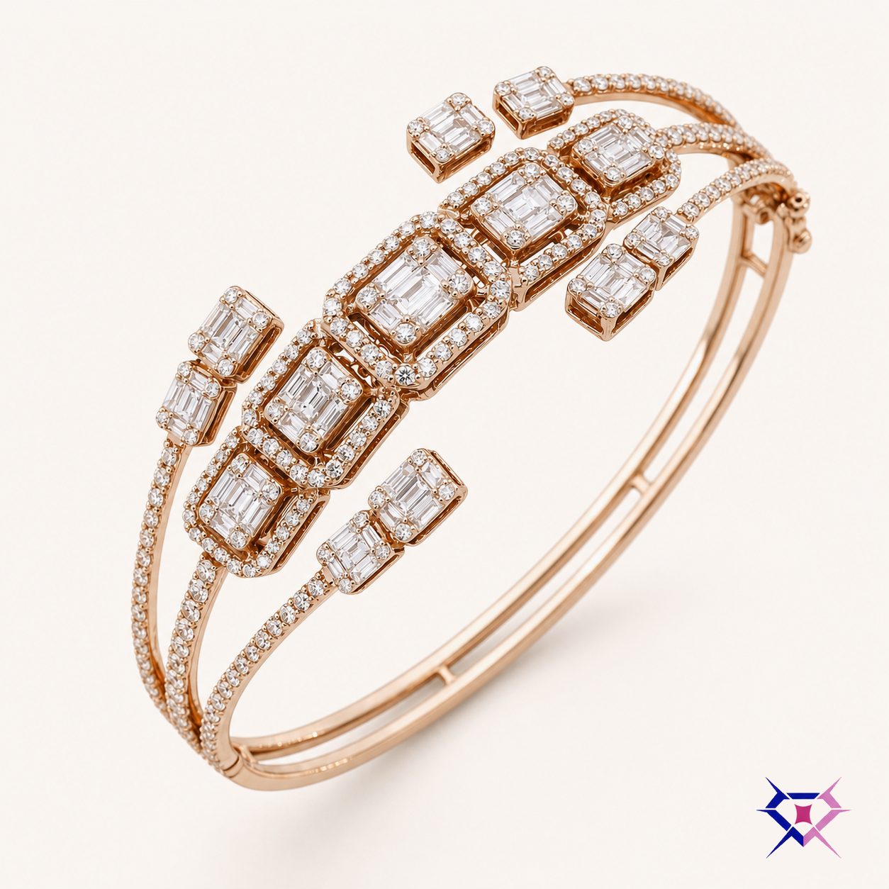 Baguette Halo Open Bangle Bracelet