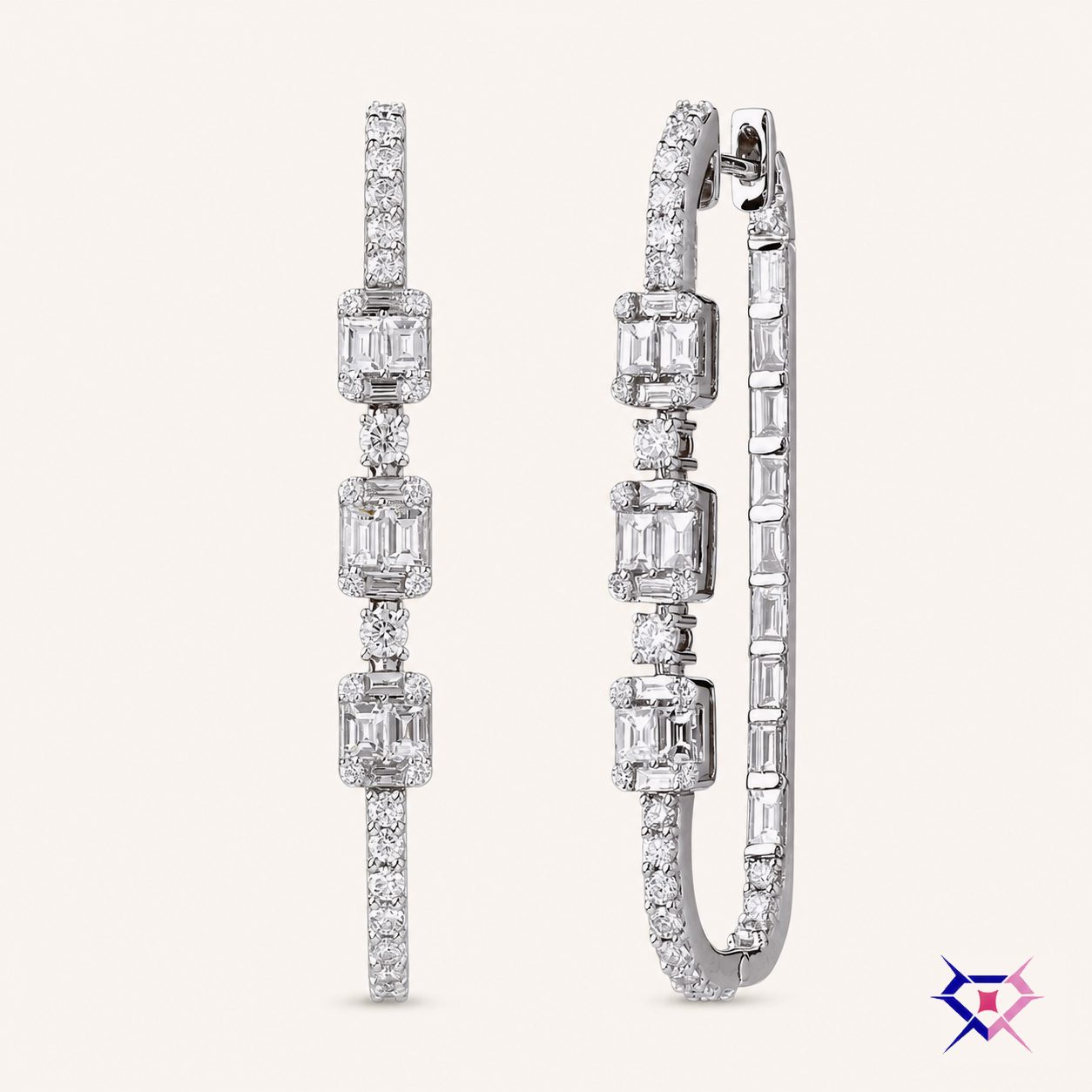Three Station Diamond Hoop Earrings