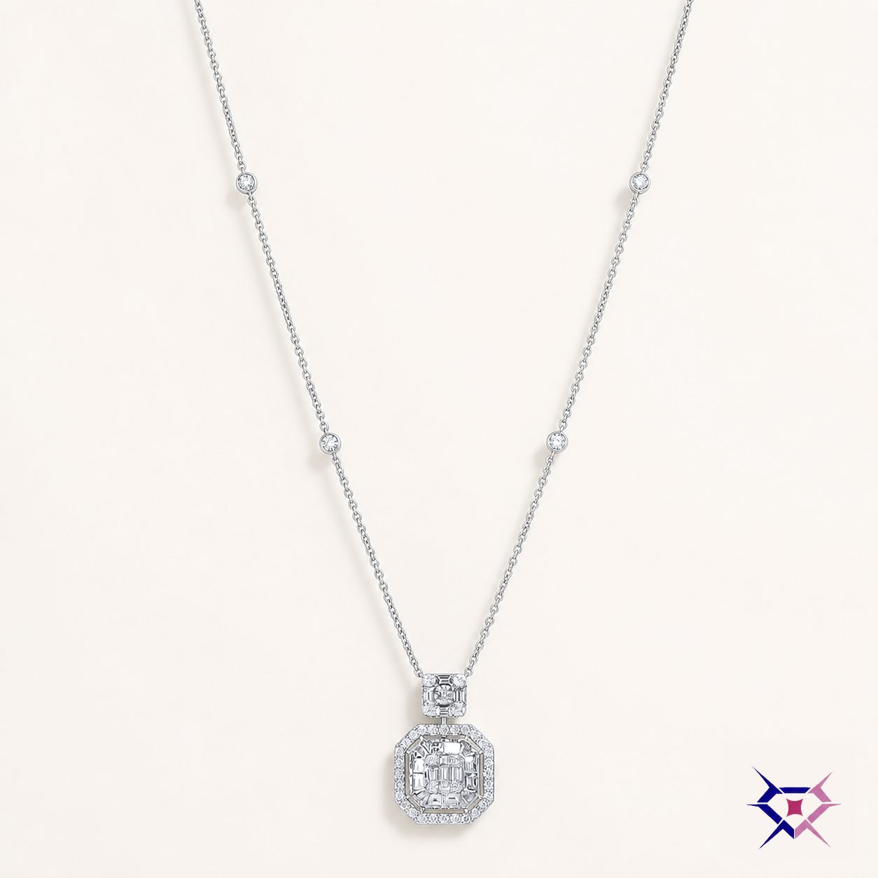 Layered Diamond Cluster Pendant Necklace