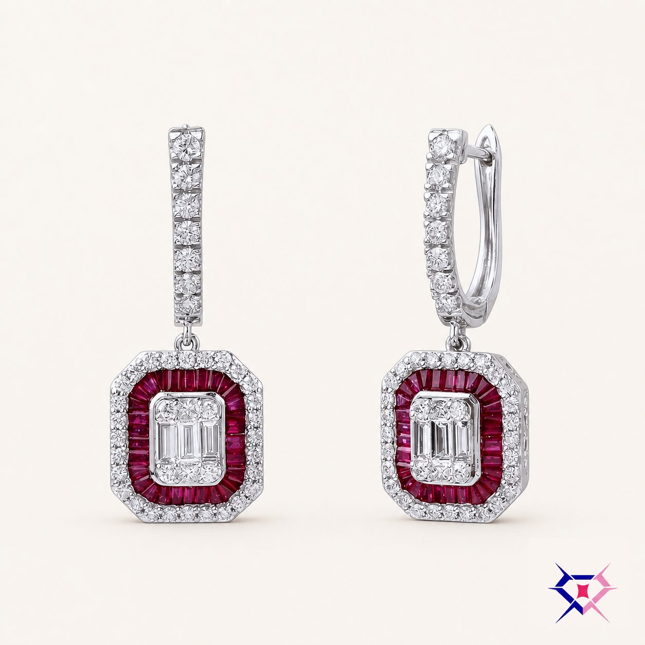 Ruby Halo Diamond Drop Earrings